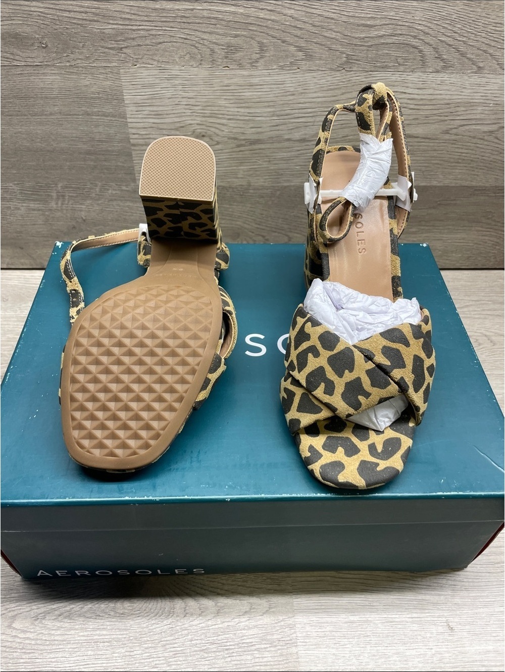 AEROSOLES Leopard Print Block Heel Sandals - Tan/Black #155